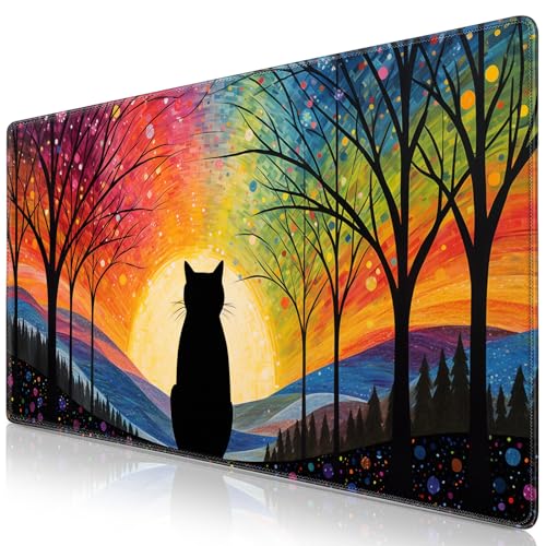 Canjoy Cute Black Cats Anime Mouse pad, 31.5x15.7inch Kawaii Computer Keyboard Mat Extended Large Gaming Mouse Pad with Non-Slip Rubber Base - color: Rainbow Cat