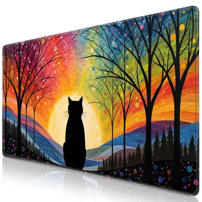 Canjoy Cute Black Cats Anime Mouse pad, 31.5x15.7inch Kawaii Computer Keyboard Mat Extended Large Gaming Mouse Pad with Non-Slip Rubber Base - color: Rainbow Cat