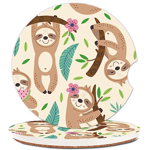 Absorbent Car Cupholder Coaster 2 Pack, Cute Car Coasters with a Finger Notch for Women & Men,2.56" Ceramic Stone & Non-Scratch Cork Base Drink Coasters, Cute Car Accessories Gifts (Cute Sloth) - color: Cute Sloth