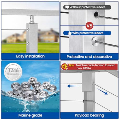 Muzata 20 Pack 1/8" Level Wheel Cable Railing Grommets ONLY for Level 1/8" Wire Rope T316 Stainless Steel Protector Sleeves Deck Cable Railing Hardware Kit Metal Posts CR72 - size: 20P, style: Silver For Level