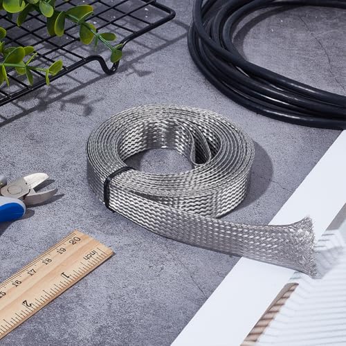 UNICRAFTALE 13.12ft(4m) 0.7" W Braided Sleeving Braid Stainless Steel Cable Wire Shielding Sleeve Ground Straps Protection Flat Metal Mesh Flexible Expandable Scalable Ribbon Wire for Protect Cable - size: 4m x 18mm