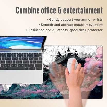 Extended Gaming Mouse Pad, Large Mouse Mat 3 mm Nature Rubber Base Mousepad with Stitched Edges, Non-Slip Desk Mat for Office Home Great Gift 31.5x11.8 Inch (Japanese Ink 1) - color: Japanese Ink 1
