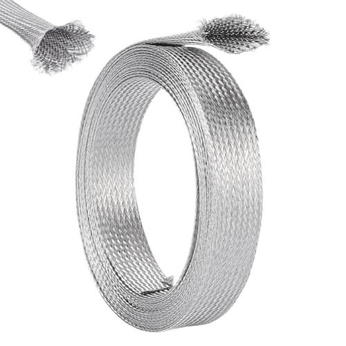 UNICRAFTALE 0.78" Wide Stainless Steel Braided Sleeving Braid 13.12 Feet Cable Wire Shielding Sleeve Ground Straps Protection Flat Metal Mesh Flexible Expandable Scalable Ribbon Wire for Protect Cable - size: 4m x 20mm