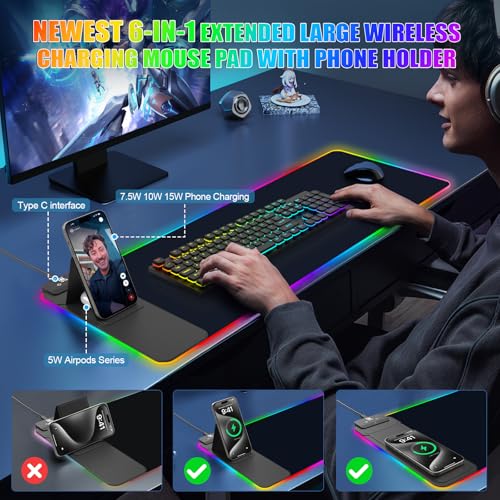 RGB Mouse Pad with Foldable Phone Stand Wireless Charger, 31.5"x11.8" XL Gaming Mousepad Large Desk Mat, Desk Pad with 11 Colors 5 Modes, Waterproof - color: Black Touch Control Stand XL with PD Charger