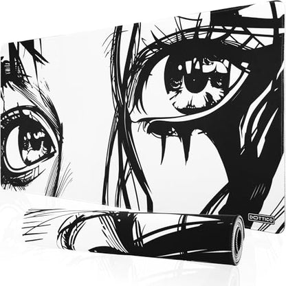 XXL Anime Eyes Gaming Mouse Pad - Manga Girl Black & White Desk Mat for Keyboard and Mouse - Non-Slip, Water-Resistant, Stitched Edges - 35.4x15.7 in (XX-Large) - color: Anime, size: 35.4L x 15.7W inches
