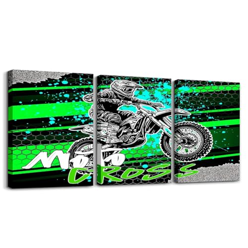 Feelyou Kids Boys Dirt Bike Bedroom Framed Wall Art Green Extreme Sports Theme Motorcycle Painting Framed Canvas Kitchen Wall Art Motocross Rider Office Bathroom Wall Art House Decor,3 Piece - color: Black and Deep Green