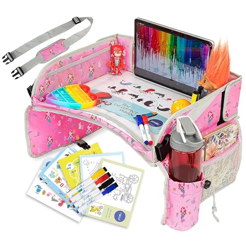 PILLANI Kids Travel Tray for Car - Toddler Car Activities, Car Seat Tray with Activity Sheets & Pens, Road Trip Essentials for Car & Airplane, Travel Lap Desk Accessories - Road Trip Activities Toys - color: Mermaid