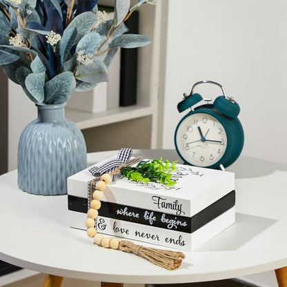 Capoda 3 Pcs Decorative Books for Home Decor Farmhouse Faux Stacked Books Wooden Rustic Table Decor with Bead Garland Twine Ribbon Faux Leaf for Table(Love) - style: Love