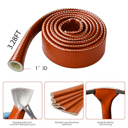 Red Fire Sleeve Heat Shield, 1 Inch Silicone Coated Fiberglass Heat Resistant Sleeve, 3.28 FT High Temp Hose Protection, 500°F Continuous / 3000°F Burst, for Fuel Line Brake Line Wiring - color: Red, size: 1 Inch (25mm) ID x 3.28FT