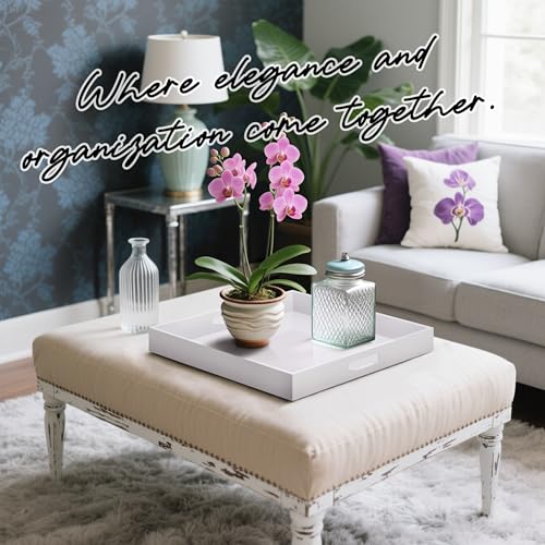 Glossy White Acrylic Serving Tray with Handles-Butler Trays for Coffee Table, Snacks,Breakfast in Bed, Kitchen Countertop,Vanity,Makeup Organizer,Ottoman (White, 20x20 Inch) - color: White, size: 20" x 20" x 2"