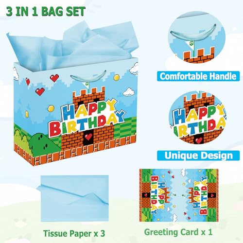 13" Large Super Brother Gift Bag Set with Greeting Card and Tissue Papers, Video Games Theme Happy Birthday Gift Bags for Birthday Party Celebration.