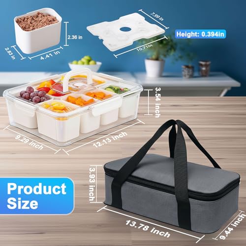 Portable Snackle Box Container with Ice Pack,Snack Container Divided Serving Tray Insulated Bag, Cooling Travel Snacklebox with Lid & Handle,8 Compartment Chilled Serving Tray for Beach,Outdoor,Picnic - color: White