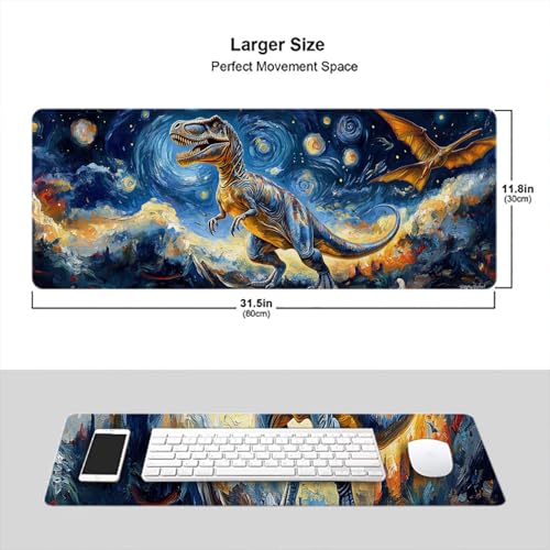 Dinosaur Gaming Mouse Pad Oil Painting Night Sky Dreamy Extended Mousepad Waterproof Stitched Edges Rubber Base Non-Slip Deskmap Computer Keyboard Mat Office Computer Keyboard Laptop 31.5x11.8 Inch - color: Dinosaur, size: 31.5" x 11.8"