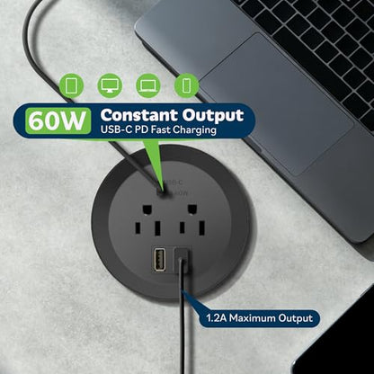 TOPGREENER Desktop Power Grommet with 65W PD Fast Charging USB C, GaN Desk Grommet for MacBook, 2 USB-A Ports and Duplex Receptacles, 3” Diameter Power Grommet, TTRP48APD60-BK, Black - color: Black