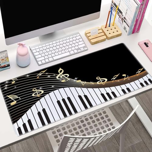 Extended Gaming Mouse Pad Big, Music Notes Long Mouse Pad Large, 31.5x11.8in Non-Slip Rubber Base Black Mousepad, Stitched Edges Keyboard Mouse Mat Desk Pad - color: Music Notes