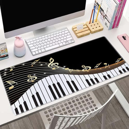 Extended Gaming Mouse Pad Big, Music Notes Long Mouse Pad Large, 31.5x11.8in Non-Slip Rubber Base Black Mousepad, Stitched Edges Keyboard Mouse Mat Desk Pad - color: Music Notes