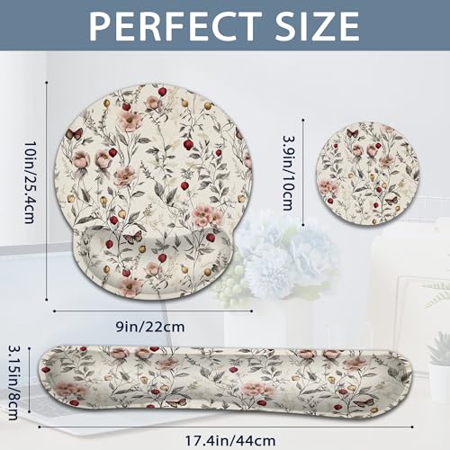 Vintage Flowers Keyboard Wrist Rest Pad Ergonomic Mouse Pad Set,Butterfly 3 in 1 Memory Foam Mouse Pad with Non Slip Base for Office and Home - color: Vintage Flowers Butterfly