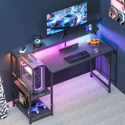 AODK 48 Inch Gaming Desk with LED Lights, Computer Desk with Storage Shelves, Reversible Desk with Monitor Stand, Carbon Fiber Black - color: Carbon Fiber Black, size: 48 Inch