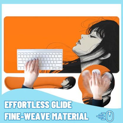 Anime Girl Aesthetic Desk Mat Set Minimal Line Art Portrait Mouse Pad with Wrist Rest 4in1 Desk Mat for Desktop Ergonomic Computer Desk Arm Wrist Anti-Slip Computer Mouse Pad Home Office Gaming - color: Anime Girl Aesthetic