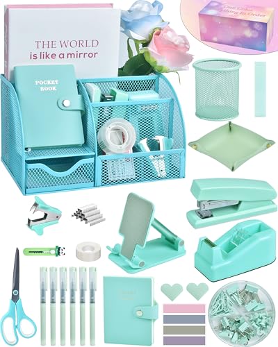 Green and Blue Desk Accessories, 26Pcs Office Supplies and Desk Organizers, with Tape Dispenser, Stapler, Staple Remover, Ect, Gift Box Packaging - color: Green+blue