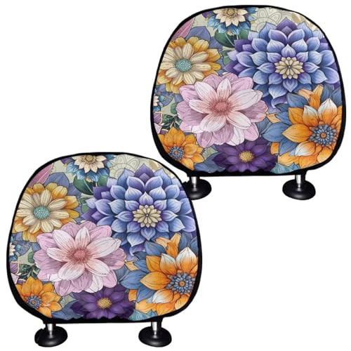 Boho Floral Print 2 Piece Auto Accessories Auto Seat Headrest Cover Non-Slip Flower Prtint Soft Stretchy Car Seat Headrest Cover Protector Universal Fits for Most Cars Truck SUV Sedan - color: Boho Floral