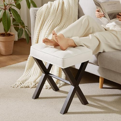 Royal Windsor Vanity Stool,Square Ottoman Stool Foot Rest,Upholstered Vanity Chair Foot Stool with Metal X Legs, Small Vanity Seat for Entryway,Bedroom and Living Room,Linen White - color: 12.6"d White+black