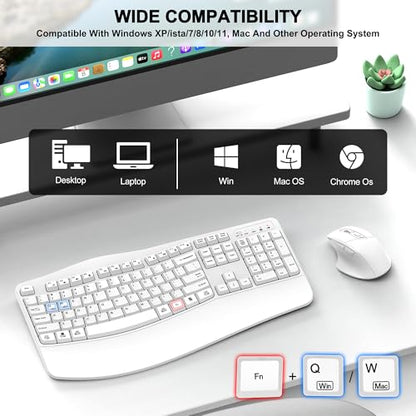 Wireless Keyboard and Mouse Combo, 2.4G Full Size Wave Keys Ergonomic Keyboard with Wrist Rest and 3-Level DPI Adjustable Wireless Ergonomic Mouse for Windows, Mac OS Desktop/Laptop/PC(White) - color: White