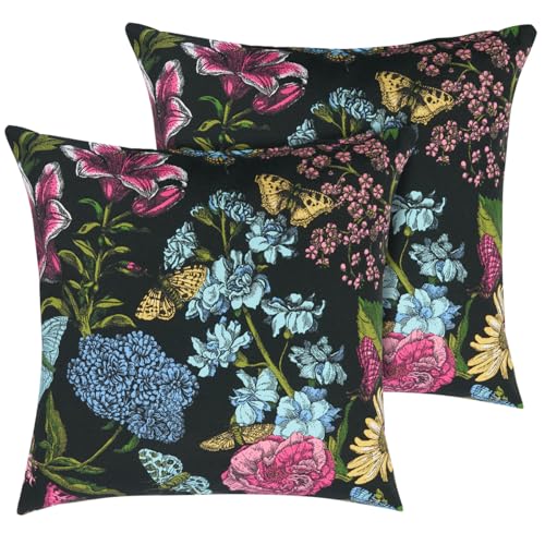 FUNHOME Outdoor Indoor Throw Pillows 18”x18”, Set of 2 Decorative Throw Pillows with Inserts, All Weather Water-Repellent Square Pillows for Bed, Couch, Sofa and Patio Furniture-Black Flower Butterfly - color: Black Flower Butterfly, size: 18"L x 18"W(Wit