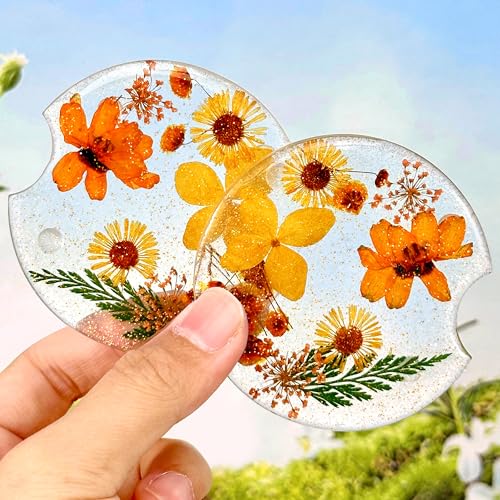 Swooflia Flower Car Cup Holder Coasters for Women - 2.75 Inch Cute Resin Clear Automotive Drink Cupholder Insert Car Accessories 2 Pack Orange Yellow - color: Orange Yellow