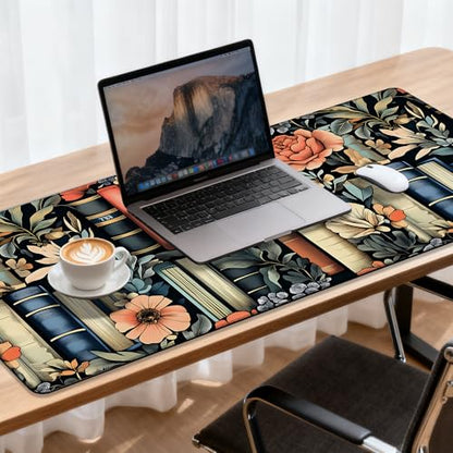 Books and Flowers Gaming Mouse Pad 35.4 x 15.7 Inches with Non-Slip Rubber Base, Smooth Cloth Surface Desk Keyboard Mat for Computer, PC, Laptop, Desktop - color: Books and Flowers