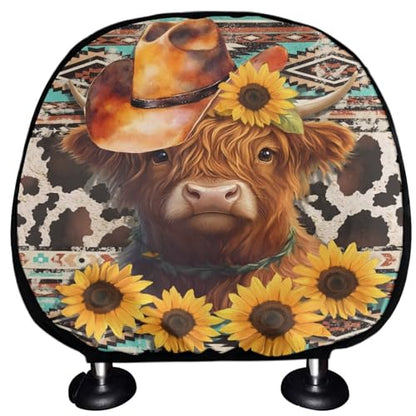 Highland Cattle 2 Pieces Car Head Rest Covers Sunflower Print Soft Stretchy Car Seat Head Rest Cover Protector Auto Interior Accessories Universal Headrest Anti-Dirty Covers - color: Highland Cattle