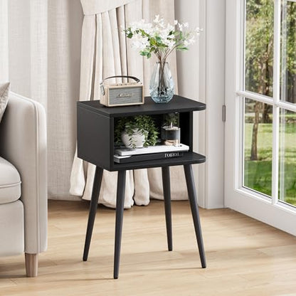 Black Nightstand Set of 2, Small Bed Side Table for Small Spaces, Mid Century Modern Nightstand End Table with Open Storage, Side Table for Bedroom Living Room, MLBZ20B-2 - color: Black