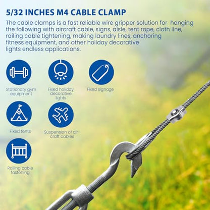 20PCS 5/32 Inches M4 304 Stainless Steel Wire Rope Cable Clip Clamp, Reusable Simplex Single Bolt Wire Rope Clips for 1/8Inch (1.5mm-3mm) Diameter Wire Cable/Wire Rope, Wire Clamp Tool for Outdoors - size: 20PCS-M4(3mm-4mm)
