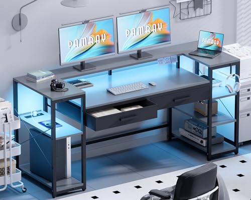 Pamray 58 Inch Computer Desk with Monitor Stand and Shelves Gaming Desk with LED Lights & Power Outlets PC Vanity Table with 2 Drawers for Home Office Grey - color: Grey
