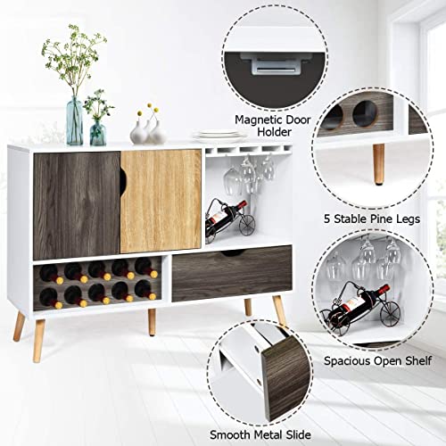 LUARANE Modern Buffet Sideboard, Wooden Kitchen Cupboard with 10 Bottle Wine Rack 3-Row Glass Holder Storage Shelves Drawer, Console Table for Dinging Room Living Room, White & Wood