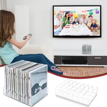Philbinden 2 Pcs Clear Acrylic CD Holder, DVD/CD Display Rack & CD Storage Box & Vinyl Record Storage Stand Holds up to 14 Standard CD Cases for Media Shelf Storage and Organization
