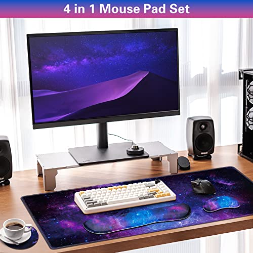 Canjoy Gaming Mouse Pad Set, 4-in-1 XXL Large Mouse Pad + Keyboard Wrist Rest Support+ Coaster, (35.4×15.7 in) Extended Desk Pad Memory Foam Non-Slip Desk Mat for Home Office - color: Blue Galaxy