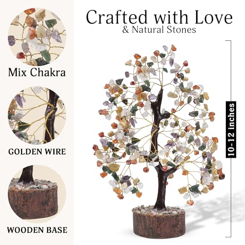 FASHIONZAADI Premium Crystal Tree of Life – 7 Chakra Tree for Healing, Positive Energy, Luck & Manifestation – – Ethically Handcrafted Gifts for Women, Spiritual Gifts for mom - color: Mix Crystals Golden Wire