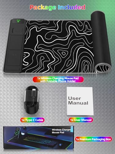 Mouse Pad with Foldable Phone Holder & Wireless Charger, XXL RGB Gaming Mousepad 31.5"x15.8" Large Desk Mat for Keyboard, 11 Colors 5 Modes - color: Topographic-Phone Holder-31.5"x15.8"