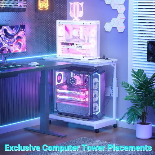 Besiost 32" Large Computer Tower Stand with Power Strips, 4 Levels Manual Height Adjustable PC Tower Stand for Under Desk, Mobile Rolling CPU Holder Computer Cart with Wheels, Carbon Fiber White - color: Carbon Fiber White, size: 32"