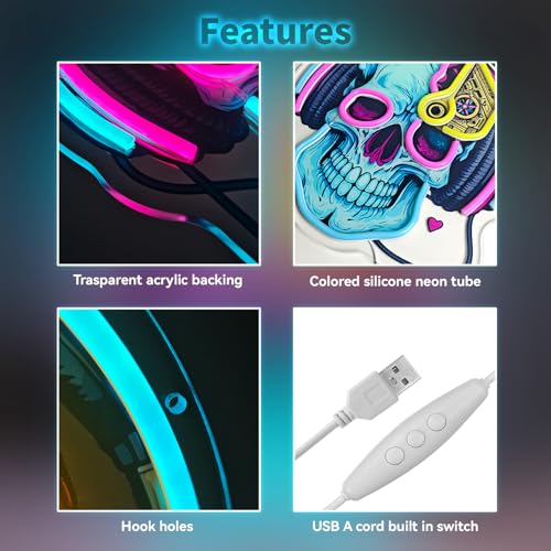 Skull Neon Sign with Headphones,LED Gaming Neon Light,Dimmable USB Powered Neon Wall Sign for Gamer Room, Bedroom, Man Cave, Cool Aesthetic Neon Sign - color: blue-skull