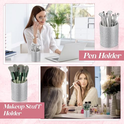 Sabary 8 Pcs Silver Pens with Pen Holder for Desk Glitter Crystal Diamond Cute Ballpoint Fancy Pencil Holder Bling Desk Organizer for Women Girls School Office Supplies Wedding Graduation Gifts - color: Silver