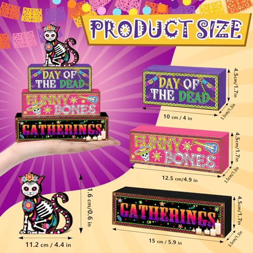 Britimes 4 Pcs Day of the Dead Table Decor Halloween Cat Tiered Tray Decorations Set Funny Bones Stack Block Signs Gift Rustic Farmhouse Tabletop Decor for Table & Home Office - style: Day of The Dead