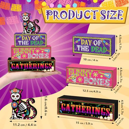 Britimes 4 Pcs Day of the Dead Table Decor Halloween Cat Tiered Tray Decorations Set Funny Bones Stack Block Signs Gift Rustic Farmhouse Tabletop Decor for Table & Home Office - style: Day of The Dead