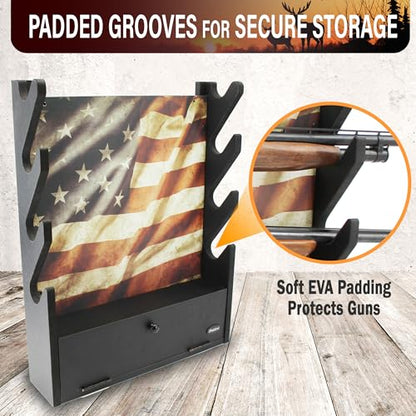 Rush Creek Creations Engineered Wood Gun Rack - Wall Mount Display for 4 Rifles/Shotguns, American Flag Design with Accessory Storage - color: Black