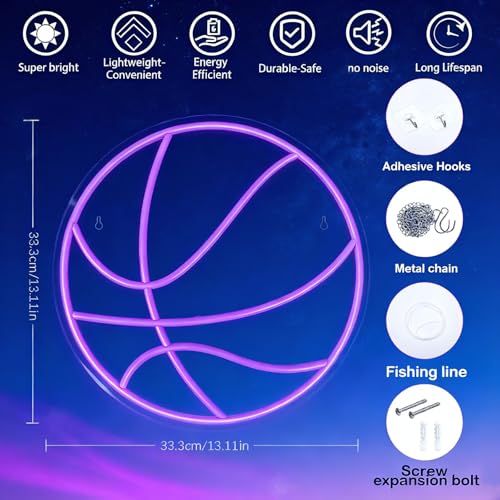 Basketball Neon Sign for Wall Decor, Neon Basketball Sign Adjustable Neon Sports LED Lights for Boy&Girl Bedroom, Game Room, Shop Decor, Gift for Kids, Friends, Basketball Fans(Purple: 13.1x13.1in) - color: Purple Basketball