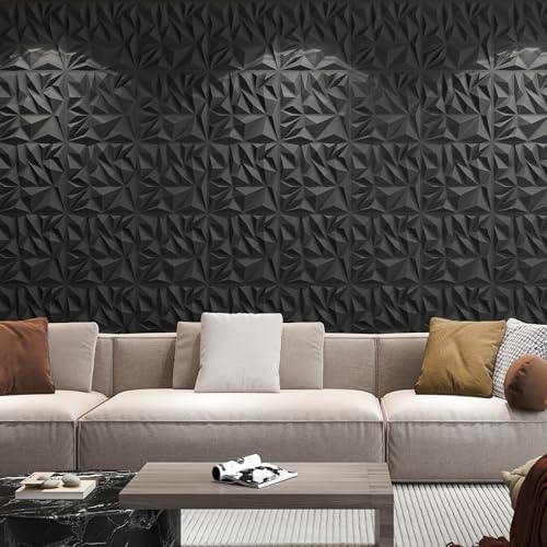Art3d 50-Pack 3D Wall Panels for Interior Wall Decor, Modern Diamond Textured Accent Wall Paneling for Gaming Living Room TV Wall Background, 12 x 12 inch Black - color: Black, size: 12x12 Inch 50 pcs