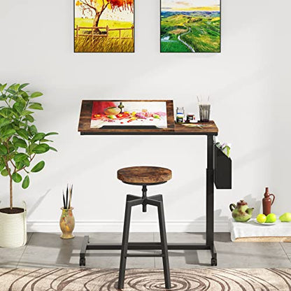 Tribesigns Height Adjustable C Shaped End Table with Wheels and Side Pocket, Mobile Sofa Snack Table with Tiltable Drawing Board, Laptop Side Tray Table for Couch Bed (Rustic Brown) - color: Rustic Brown