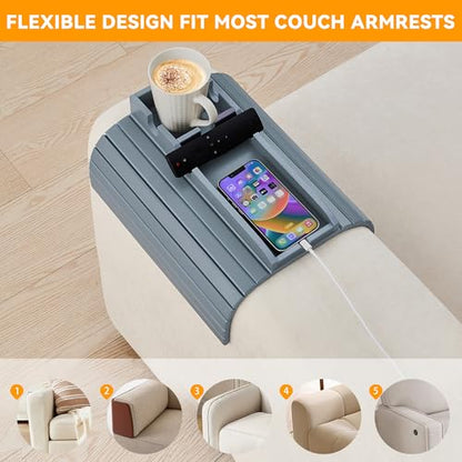 GEHE Bamboo Couch Cup Holder, Anti-Spill Sofa Arm Tray, Natural and Easy to Clean Couch Arm Cup Holder Armrest Tray Perfect for Cups, Beers, Snacks, Remote Control, Drinks - color: Light Blue