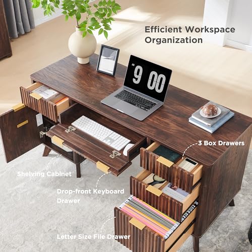 T4TREAM 60'' Fluted Executive Desk with Drawers, Modern Home Office Computer Desk with Charging Station, Keyboard Tray, File Drawer and Storage Cabinet for Study, Living Room, Bedroom, Dark Walnut - color: Dark Walnut